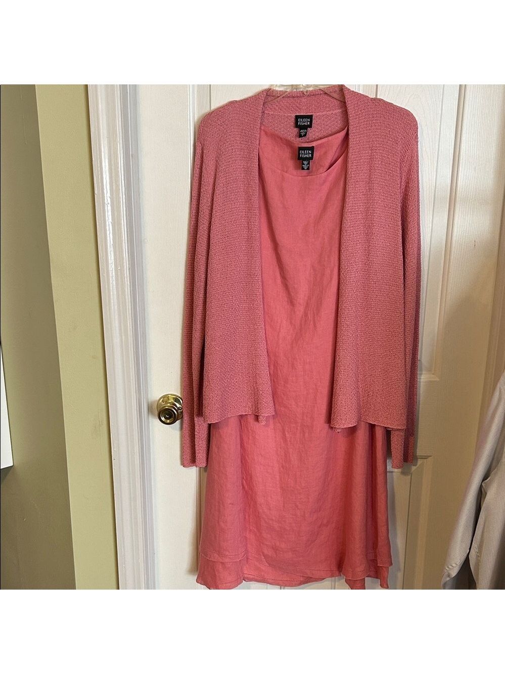 Eileen Fisher Pink Layered Dress and Cardigan Set. Dress M linen, cardigan L.